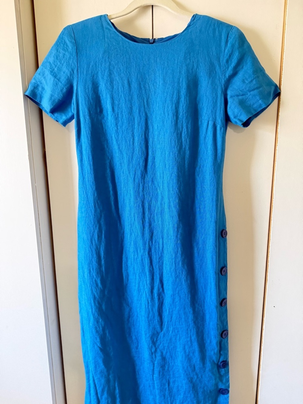 Vintage 90s Talbots Blue Short-Sleeve Midi Dress Side Button Slit Irish Linen - Picture 6 of 11